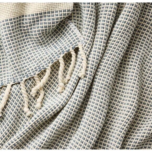 Threshold Studio McGee Decorative Throw Blanket Border Stripe Blue Cream 50"x60" - Picture 7 of 7